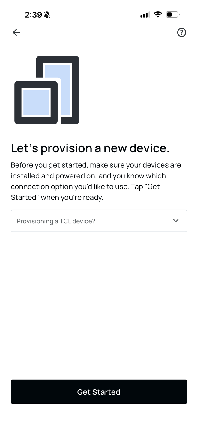 The provision a new device screen with a Get Started button