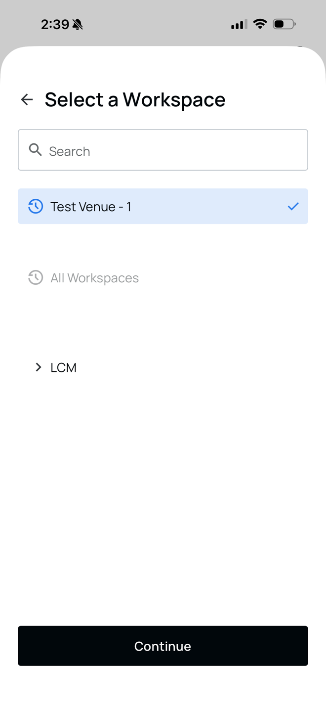 The Select a Workspace screen with a venue selected