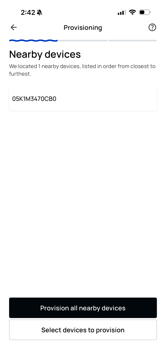 The Nearby devices screen showing two buttons, Provision all nearby devices and Select devices to provision