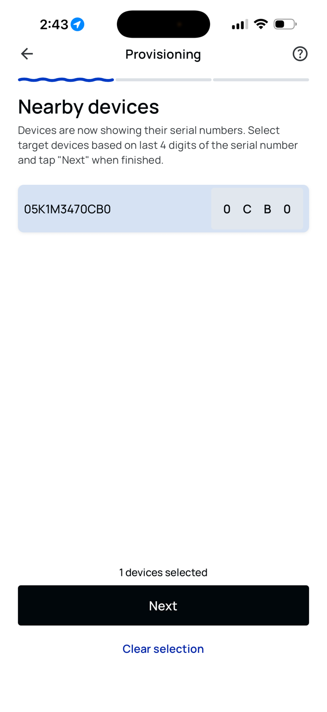 The device list with one device selected and its last four serial characters highlighted