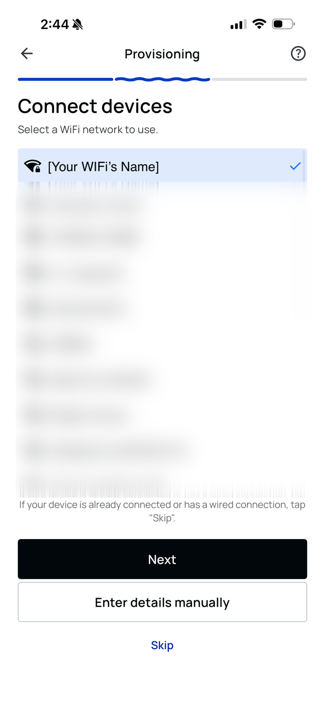 The Connect devices screen listing available WiFi networks