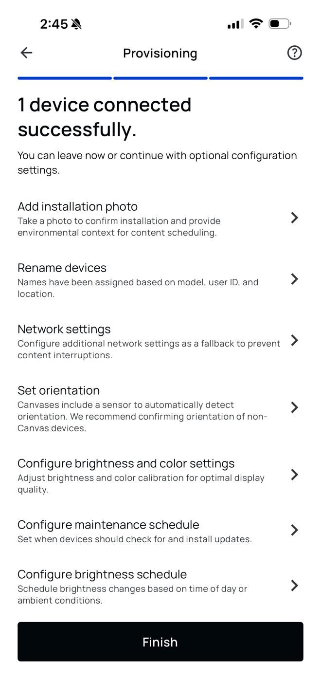 The confirmation screen reading one device connected successfully